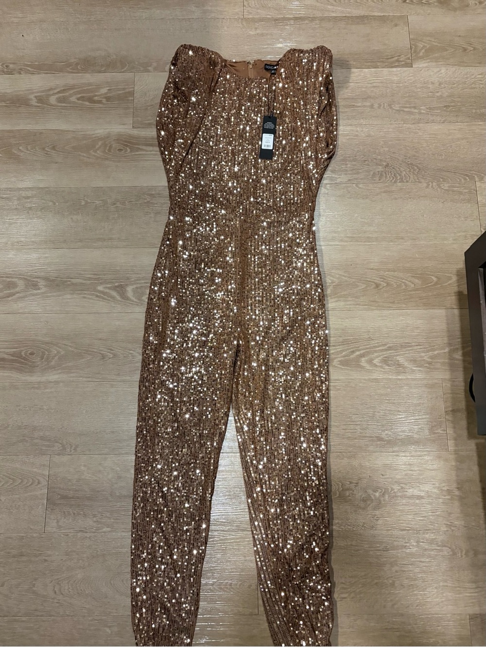 Fashion Nova Rose Gold Sequin Off-Shoulder Jumpsuit